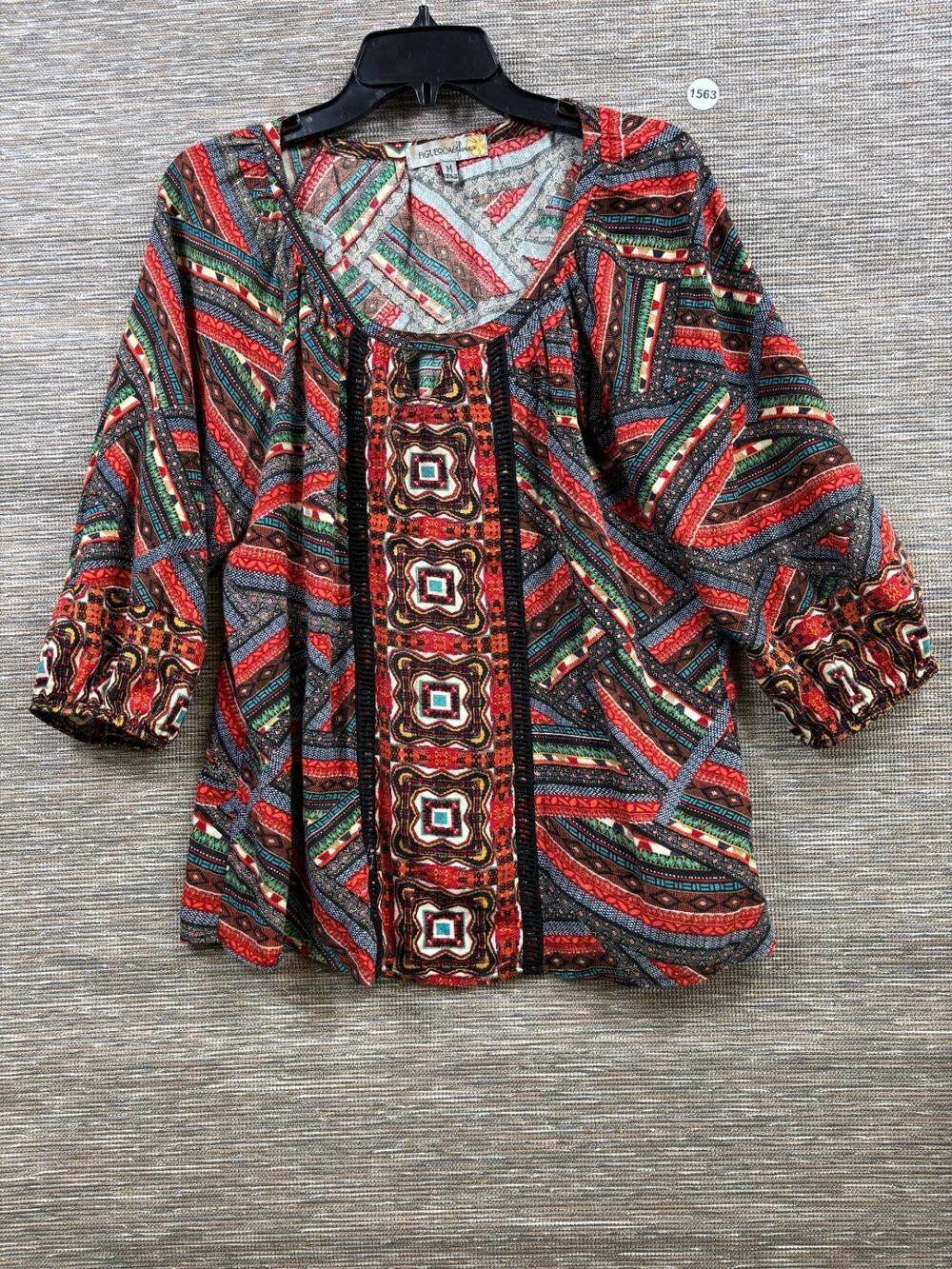 Figueroa & Flower 3/4 Sleeve Top Blouse Shirt Size M Boho Art Multicolor